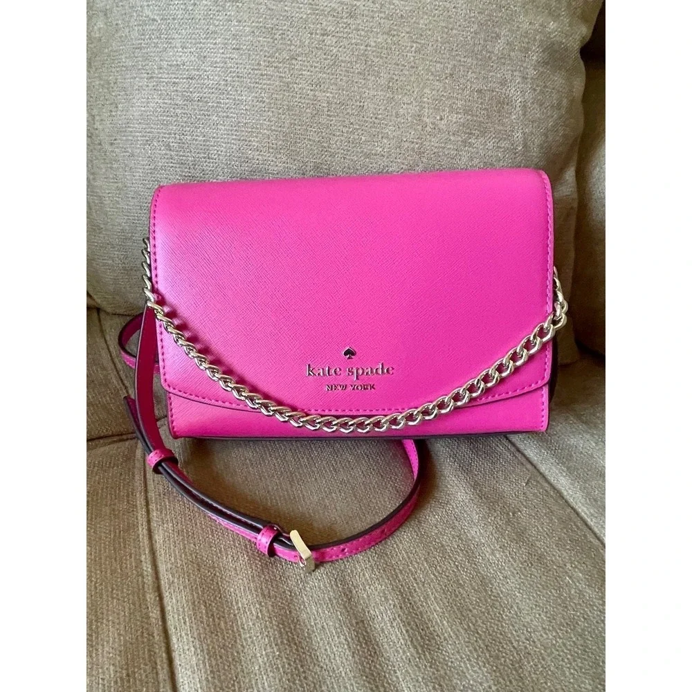 Kate Spade New York Pink Saffiano Leather Crossbody Bag Gold Chain Accent Barbie
